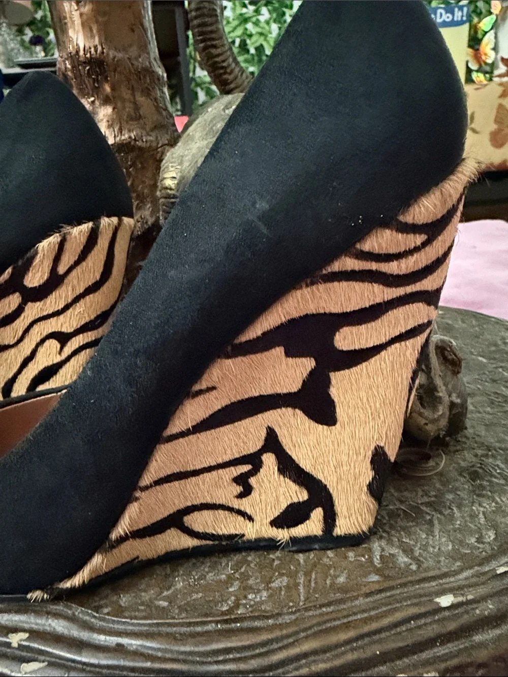 Black Suede Wedge Pumps with Tiger-Print Platform